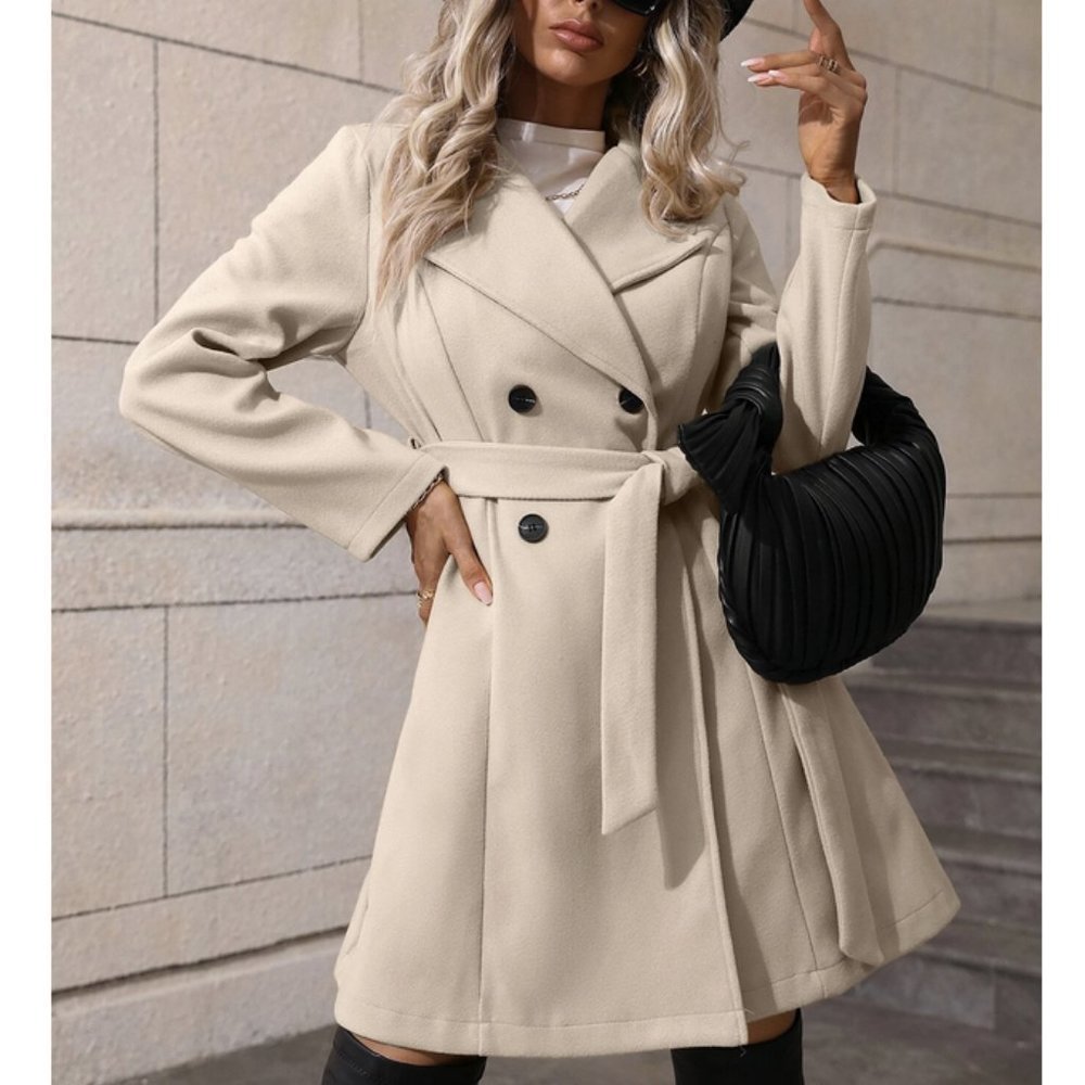 Classic Lapel Neck Double Breasted Belted Coat Beige - Picture 5 of 7